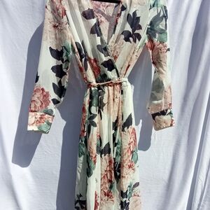 Floral Wrap Midi Dress in Cream and Blush